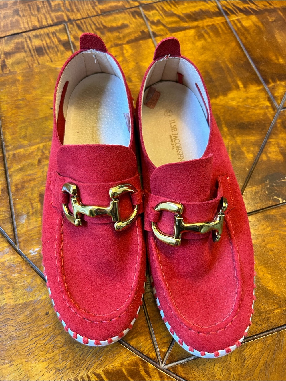 Ilse Jacobsen Red Suede Loafers with Gold Bit